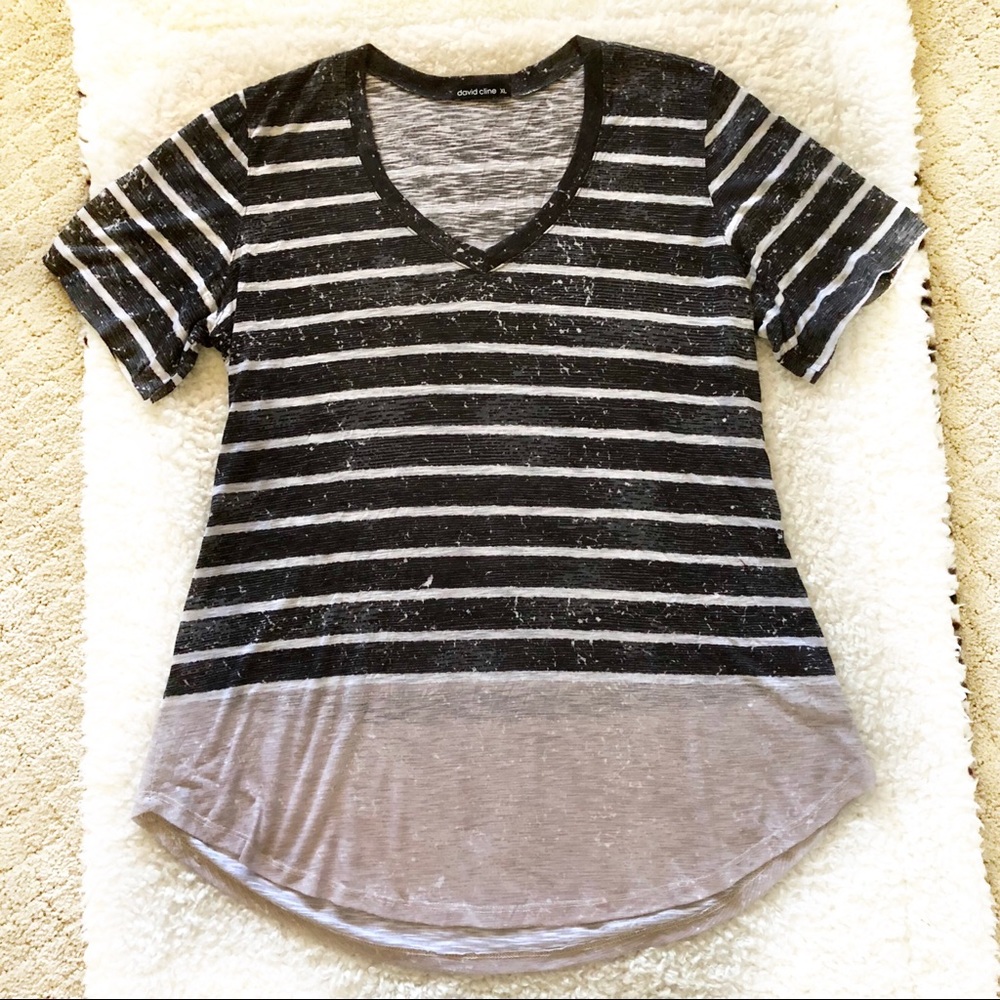 David Cline Striped V-Neck Short Sleeve Tee XL